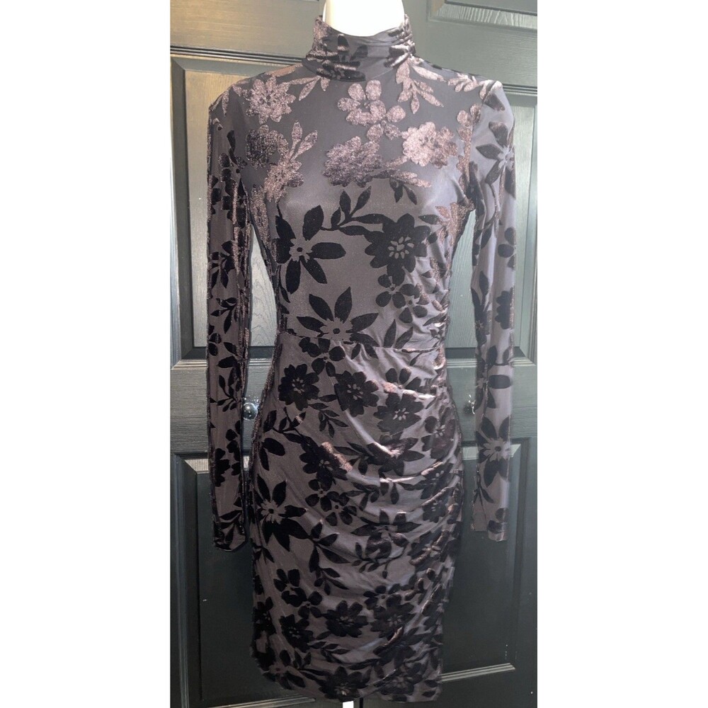 Taylor Velvet Burnout Floral Dress 2 Black Mock Neck Ruched Whimsigoth Y2K Party